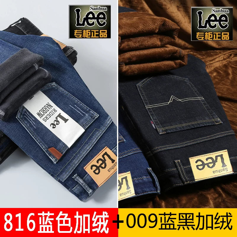 Payız/Qış üçün Kişilər üçün Qalın Yun Astarlı Cins Şalvar, İşgüzar Üslubda, Boş Formada, Düz Ayaqlı, Gündəlik, Uzun Şalvar, Elastik, Davamlı və Geyilməyə Davamlı