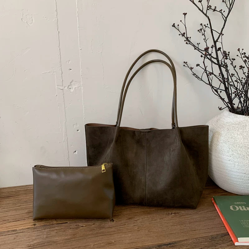 [Ana və Qız Çantaları] İş və Yol-Gəliş Üçün Sadə Bütöv Rəngli Böyük Tutumlu Zamşa Çanta, 2025 Yeni Trend Stil