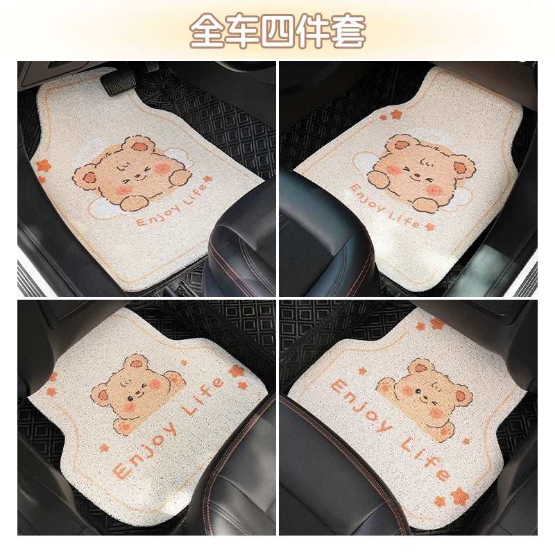 Puff Bear Car Floor Mats, Universal, Silk Loop, Stain Resistant, Wear Resistant, Waterproof, Easy to Clean, Cute Cartoon Style, Ideal for Women's Car Interiors