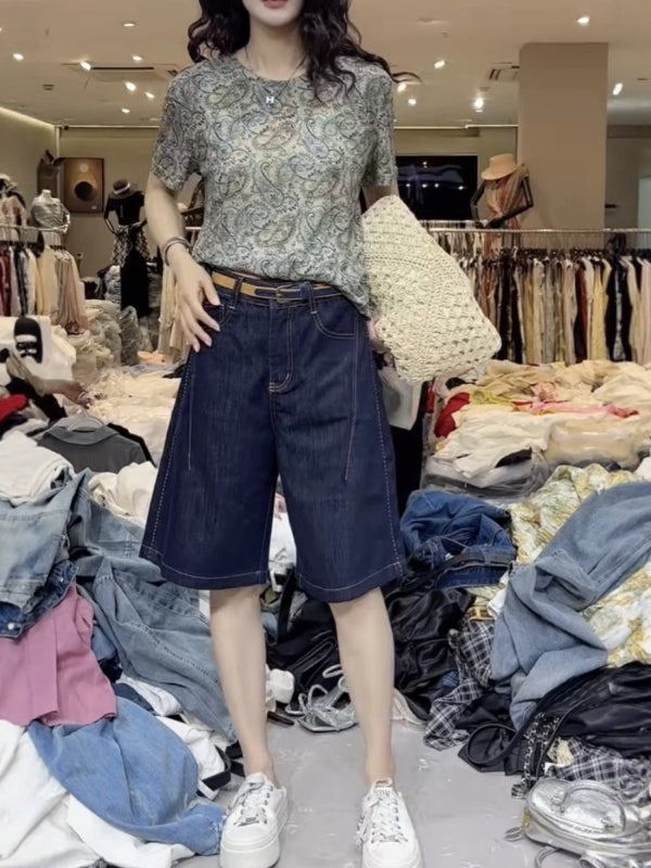 Armud formalı qadın denim şortları, böyük ölçülü, yüksək belli, arıqladıcı, çoxfunksiyalı, geniş oturacaqlı, dolğun qızlar üçün geniş ayaqlı A-xətti beşguşəli şalvar, yay üçün idealdır.