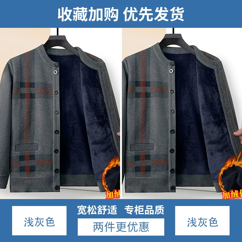 Payız və qış qalın flis hırka, orta və yaşlı insanlar üçün isti, dairəvi yaxalı düyməli toxunma sviter palto, baba köynəyi