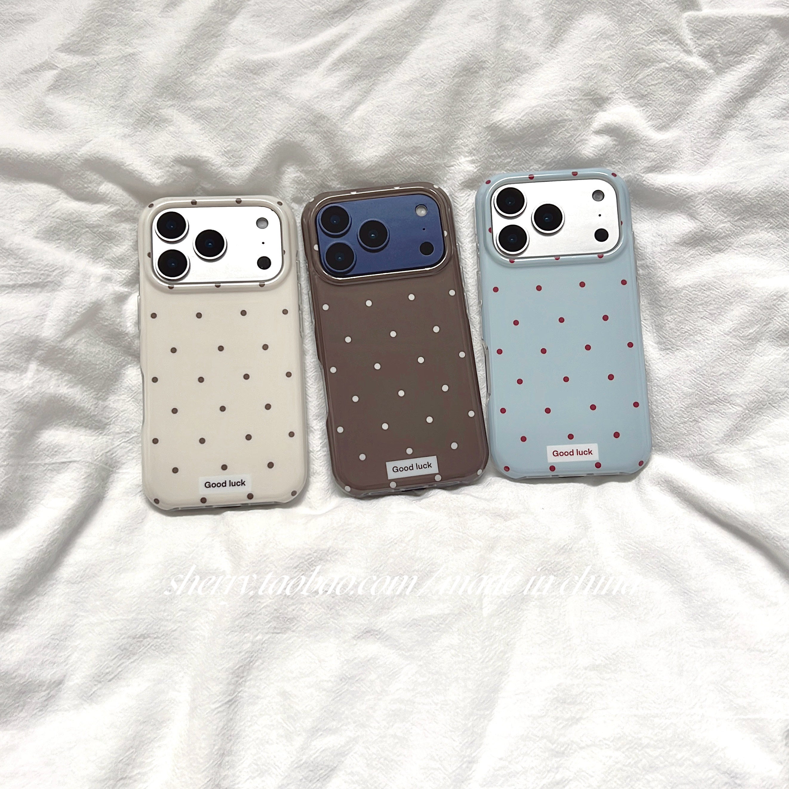 SHERRY*ins üslubu, yüksək səviyyəli üslub, zərif təzadlı rəngli polka nöqtələri, Apple 17ProMax mobil telefonu üçün uyğun iPhone16Pro niş qız ürəyi 15 sadə 14 kiçik təzə cizgi filmi sevimli payız