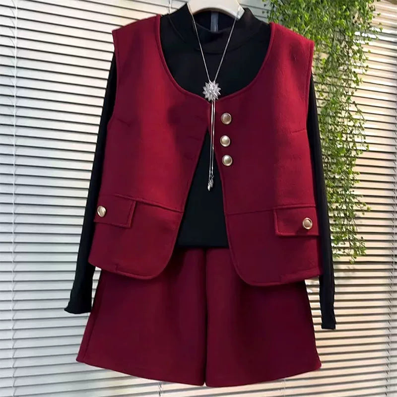 Fashionable Daily Chic Set for Plus Size Women, 2024 Fall New Arrival, Slimming and Flattering Wool Three Piece Set for Curvy Women