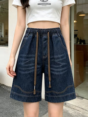 Qadınlar üçün yüksək belli denim geniş paçalı şalvar yay boş təsadüfi şort 2026 yeni böyük ölçülü xarici geyimi düz ayaqlı beş nöqtəli şalvar