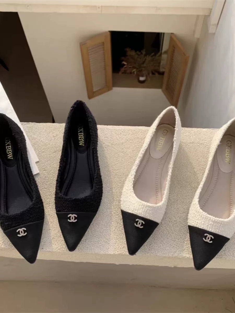 2024 Spring/Autumn New Korean Style Pointed Toe Rhinestone Buckle Soft Sole Comfortable Color Block Elegant Work Women's Low-Cut Single Shoes