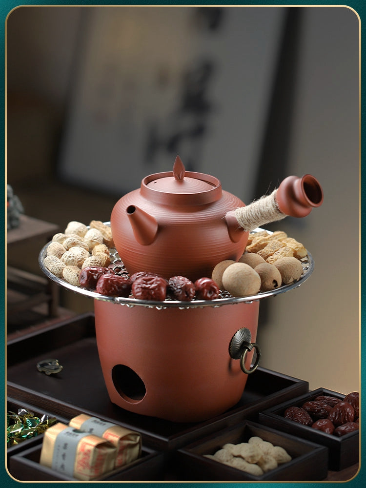Bənövşəyi qumlu gil soba, sobanın ətrafında çay dəmləmə qabları, Çin çaydanlarının tam dəsti, Chaozhou kömür sobaları, çay sobaları, çaydanlar, kömür sobaları