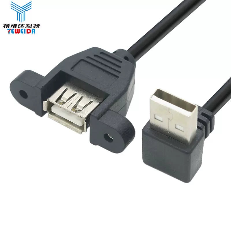 Dirsəkli USB2.0 qulaqlıq qutusu ilə USB kabeli düzəltmək üçün qulaqları və vida delikləri olan kişidən qadına uzatma kabeli