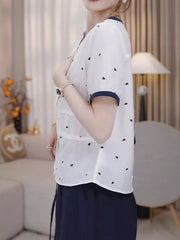 Böyük Ölçülü Qadın Geyimləri, 2026 Yay Yeni Stil, Dəbli, Zərif, Boş Formalı, Arıqladıcı Dəyirmi Yaxalı Qısa Qollu Köynək Topu