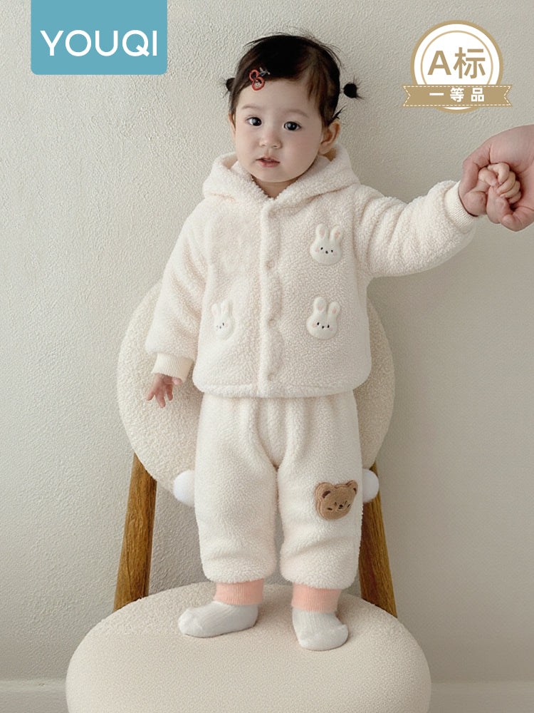 Yuqi Körpə İki Hissəli Dəsti Payız və Qış üçün, Bir Yaşlı Qızlar üçün Qalın Başlıqlı Geyim, İsti İki Hissəli Dəst
