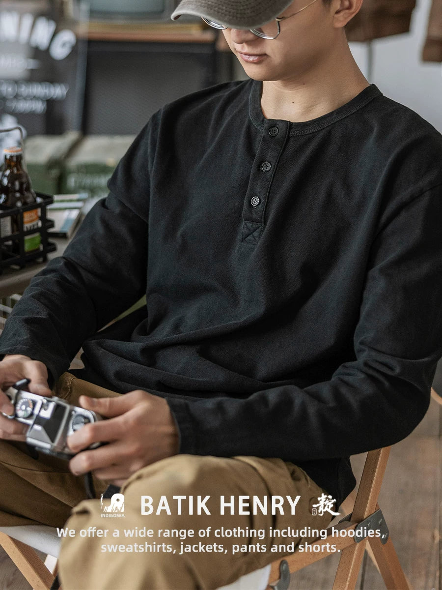 Indigo American Retro Yuyulmuş Batik Henley Köynək T-shirt Çətin Möhkəm Boş Açıq Yaxalıqlı Uzun Qollu Köynək Kişi Yaz
