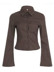 DARILNGAGA Merlad's Qəhvəyi Zolaqlı Yaxalı Köynək, İncə Formada, Beli Müəyyən Edən, Qabarıq Qollu Top