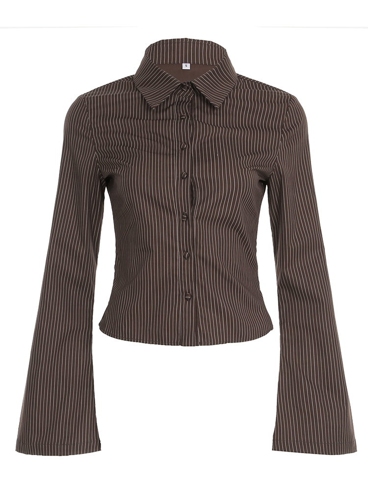 DARILNGAGA Merlad's Qəhvəyi Zolaqlı Yaxalı Köynək, İncə Formada, Beli Müəyyən Edən, Qabarıq Qollu Top