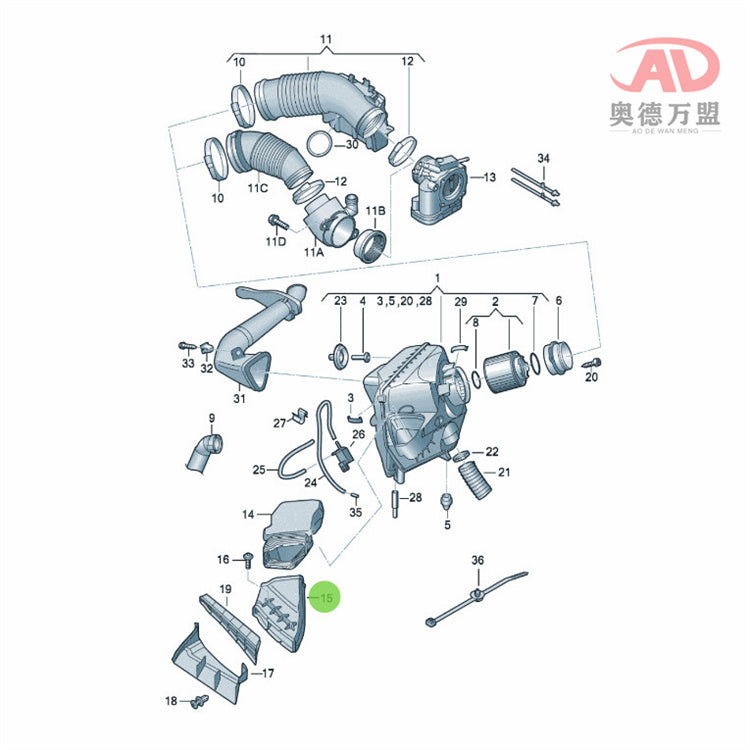 Air filter connecting pipe and air duct 4F0129618J for Audi A6L and C6 models manufactured between 2005 and 2011.