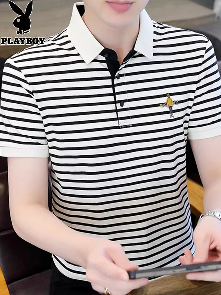 Playboy zolaqlı qısaqol kişi köynəyi 2026 yeni yay polo köynəyi təmiz pambıq nazik buz ipək köynək modası