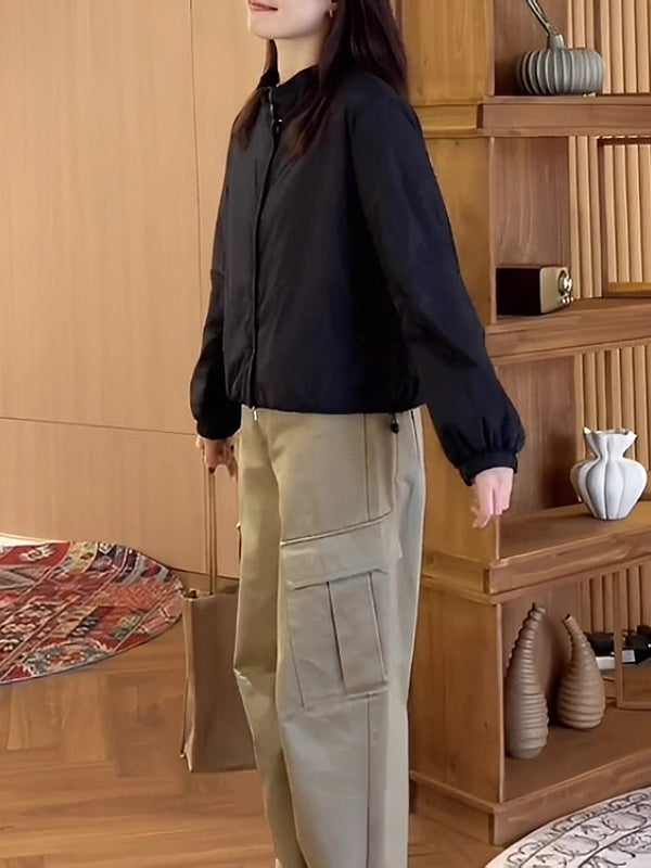 Qadınlar üçün böyük ölçülü, geniş, qara rəngli, yüngül pambıq palto, 2026 payız/qış yeni moda, dəbli və arıqladıcı ayaq üstə duran qısa pencək.