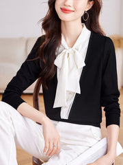 French style fashion ribbon artificial two-piece long-sleeved shirt, new autumn style for women, stylish and elegant knitted shirt
