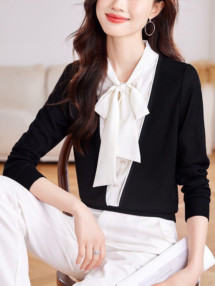 French style fashion ribbon artificial two-piece long-sleeved shirt, new autumn style for women, stylish and elegant knitted shirt