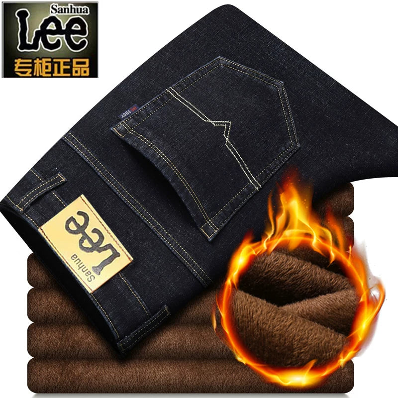 Payız/Qış üçün Kişilər üçün Qalın Yun Astarlı Cins Şalvar, İşgüzar Üslubda, Boş Formada, Düz Ayaqlı, Gündəlik, Uzun Şalvar, Elastik, Davamlı və Geyilməyə Davamlı