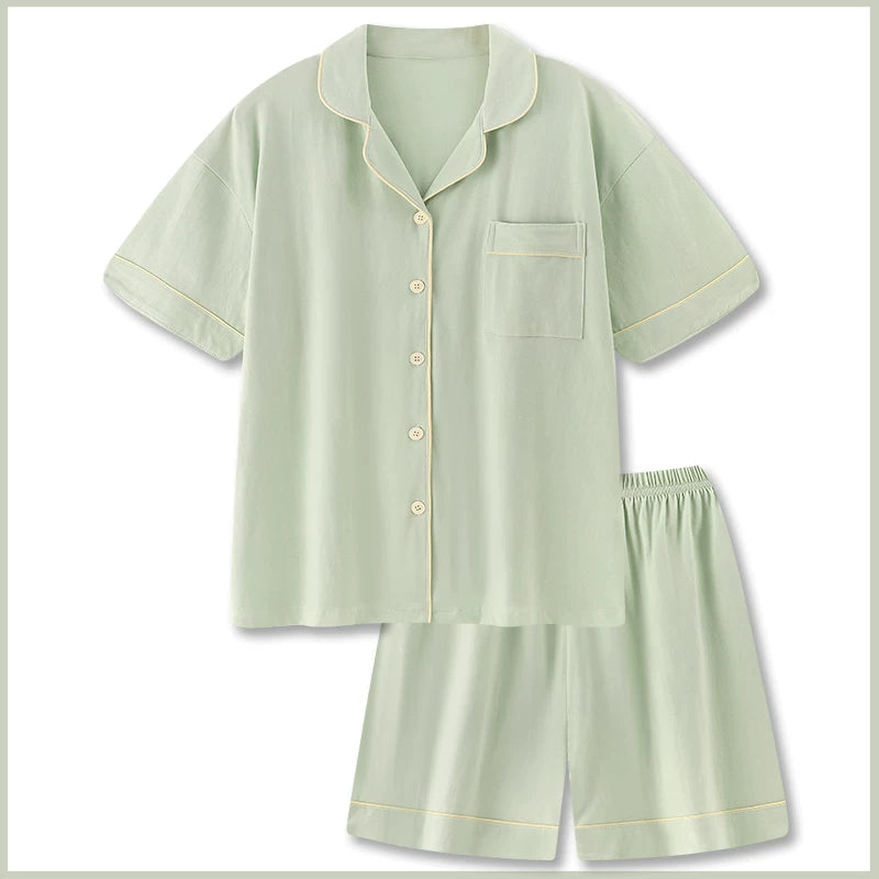 Qadınlar üçün yay üçün "Sweet Zhi Milk Green" düz rəngli sərin pambıq pijama yeni qısaqol ev geyimi dəsti