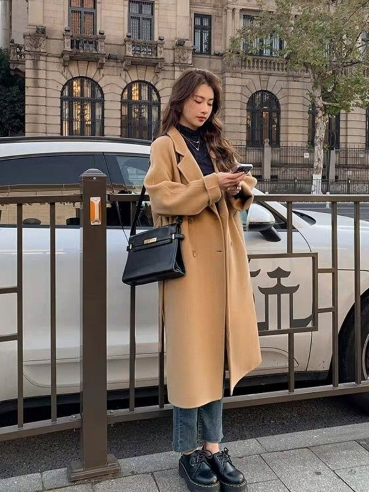 Qara yun palto, Koreya üslubunda, arıqladıcı, kiçik, zərif, orta uzunluqlu, yüksək səviyyəli, unikal, qadınlar üçün qalın blazer gödəkçə.