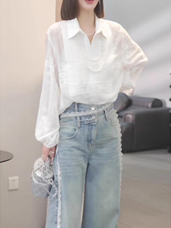 Ağ köynək topu, böyük ölçülü qadın geyimləri, 2026 yaz yeni stili, dəbli və gənclik üçün bluzka, yüksək səviyyəli köynək.