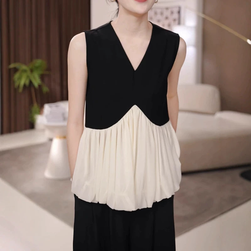 Qadınlar üçün fransız üslubunda V-yaxalı qolsuz mayka, yay, böyük ölçüdə, arıqlama üçün, dəbli, yüksək səviyyəli rəngləri olan bluza.