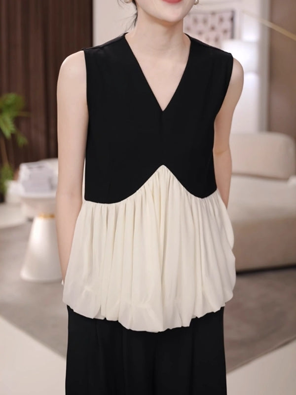 Qadınlar üçün fransız üslubunda V-yaxalı qolsuz mayka, yay, böyük ölçüdə, arıqlama üçün, dəbli, yüksək səviyyəli rəngləri olan bluza.