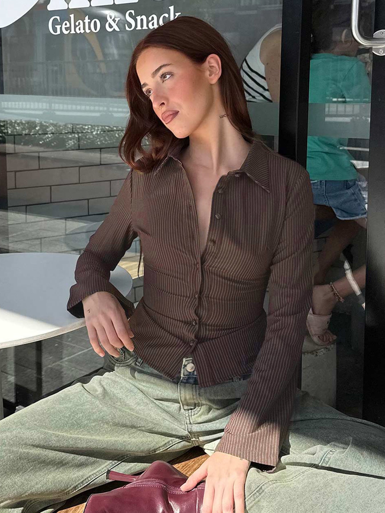 DARILNGAGA Merlad's Qəhvəyi Zolaqlı Yaxalı Köynək, İncə Formada, Beli Müəyyən Edən, Qabarıq Qollu Top