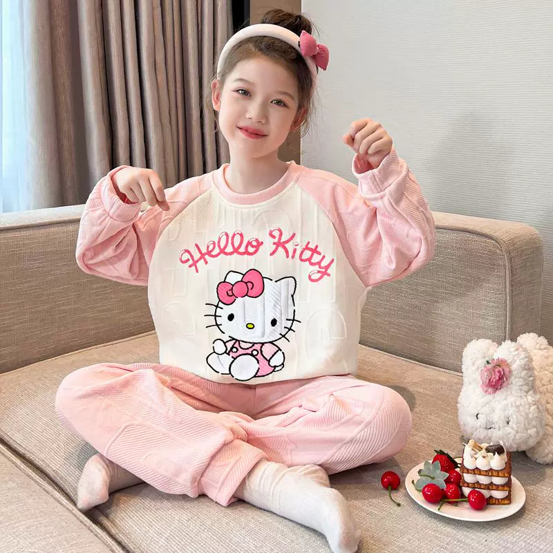 My Melody Qızları üçün Təmiz Pambıq Ev Geyimi, Payız və Qış, Böyük Uşaqlar üçün Üç Qatlı Yorğanlı Qalın İsti Pijamalar, Şirin Dəst