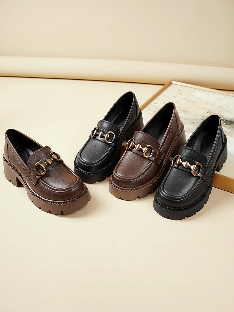 New women's shoes for spring and autumn 2025, genuine leather multifunctional, small leather shoes, thick-heeled, height-increasing loafers, British-style single shoes