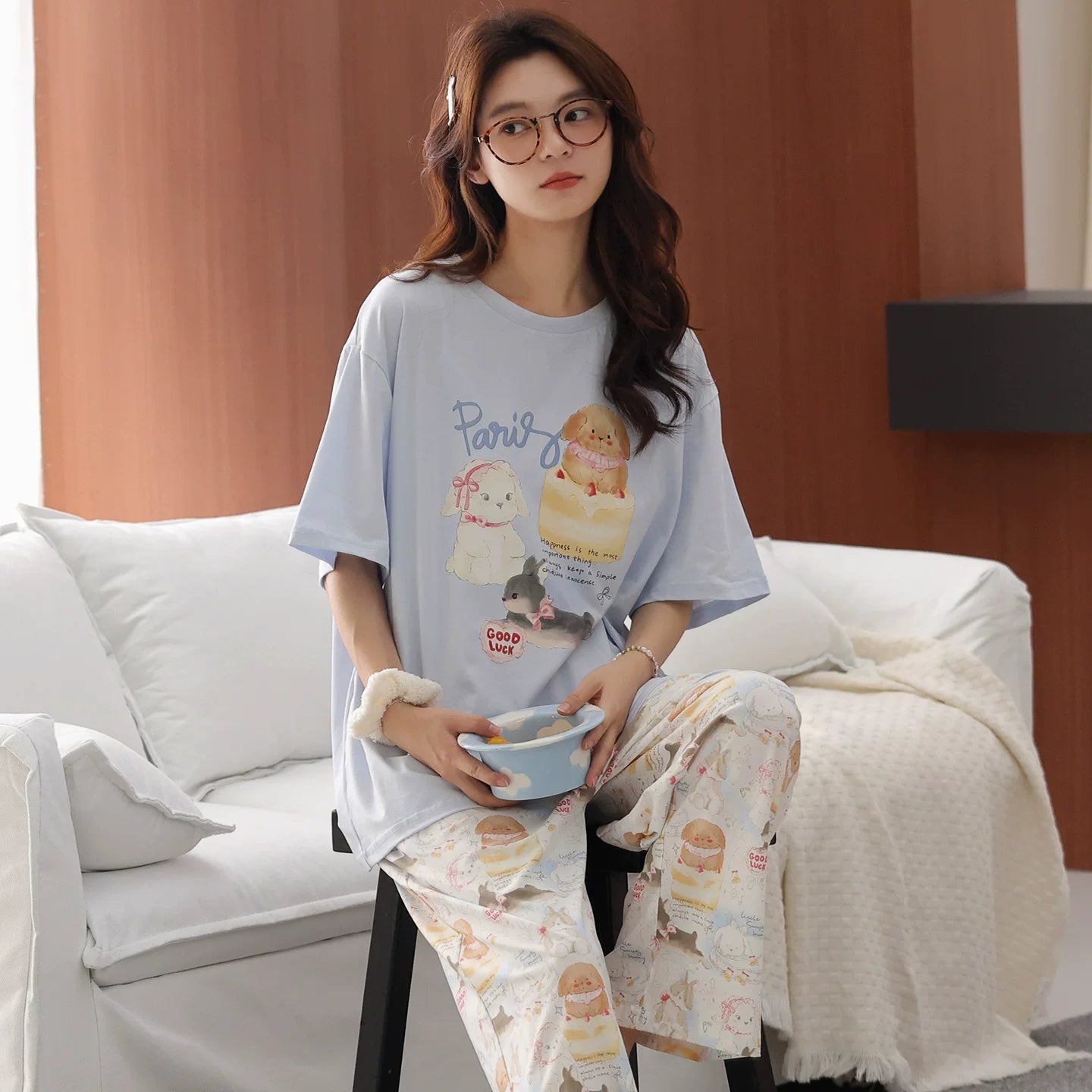 Fentonkoan xalis pambıq pijama qadınlar üçün yastıqlı dəyirmi boyunlu qısaqol şalvar yay nazik üslublu ev paltarı dəsti çöldə geyinilə bilər