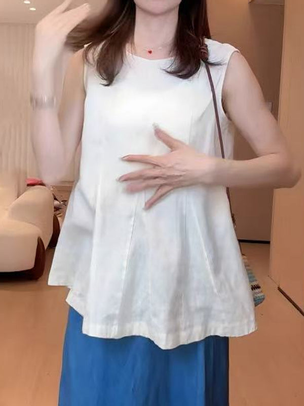 Böyük ölçülü qadınlar üçün təmiz pambıqdan büzməli jilet, yay üst geyimi, geniş formalı, arıqladıcı qolsuz top.