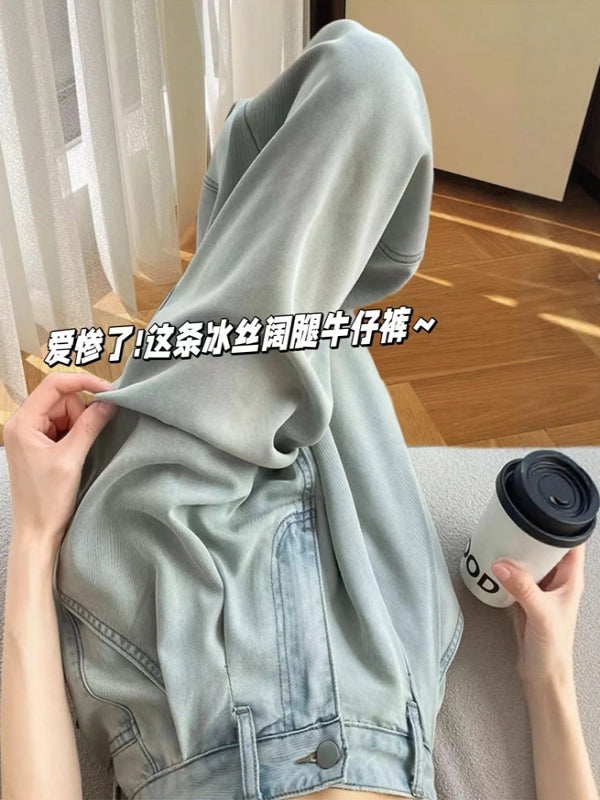 Armud formalı fiqurlar üçün qadın düz ayaqlı cins şalvarları, yay üslubunda, nazik, böyük ölçülü, yüksək belli, pərdəli, arıqladıcı, çoxfunksiyalı, enli ayaqlı, yerə qədər uzanan şalvarlar