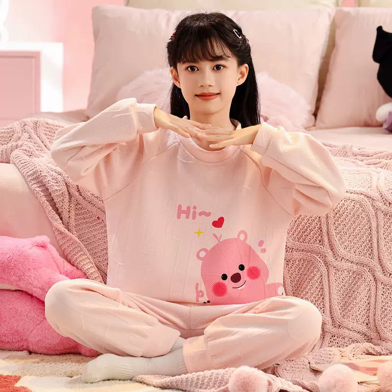 My Melody Qızları üçün Təmiz Pambıq Ev Geyimi, Payız və Qış, Böyük Uşaqlar üçün Üç Qatlı Yorğanlı Qalın İsti Pijamalar, Şirin Dəst