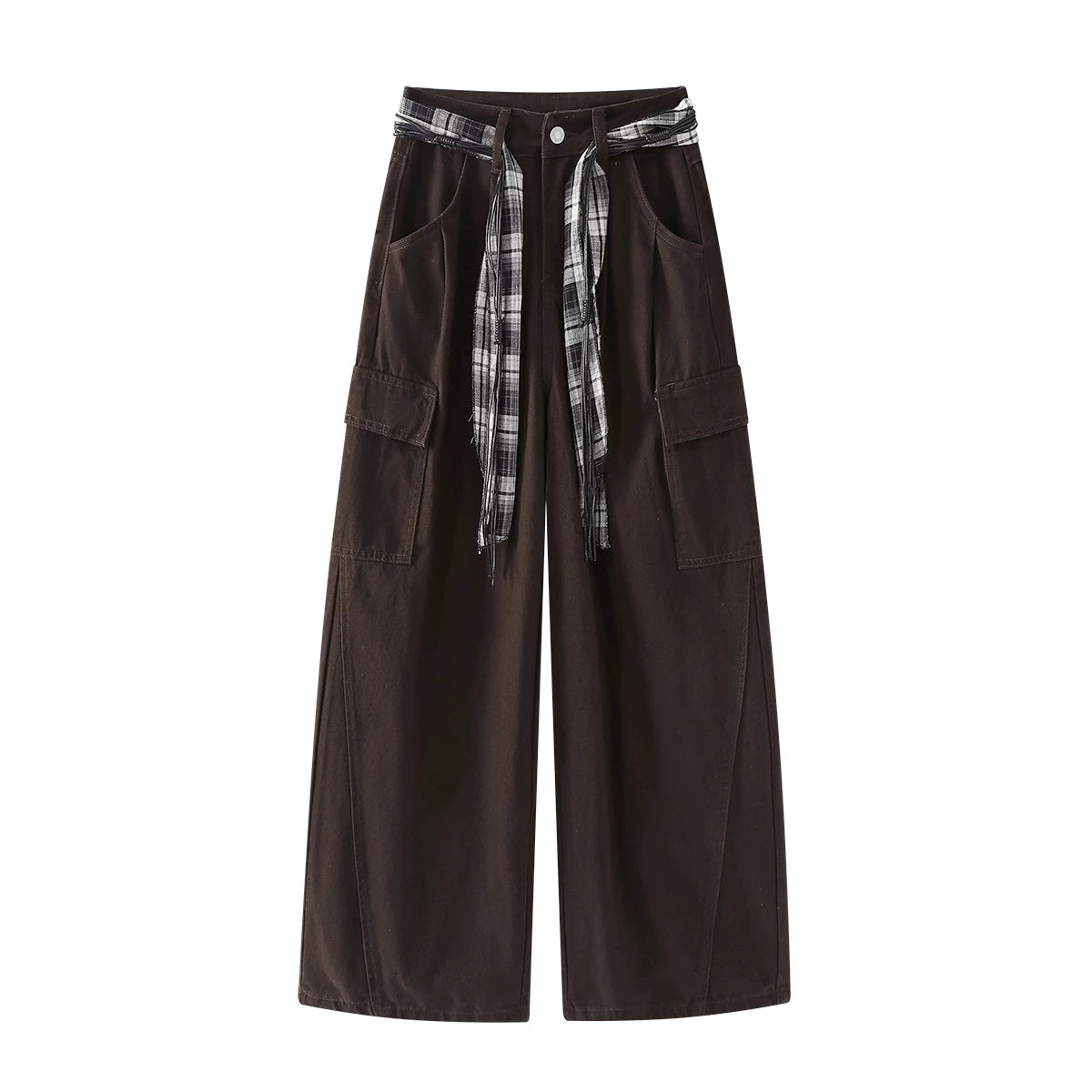 Chorissa Amerika üslubunda qadınlar üçün yüksək belli hərbi yaşıl cins şalvar, payız üçün geniş formalı, çox yönlü, gündəlik geniş ayaqlı düz ayaqlı yük şalvarı