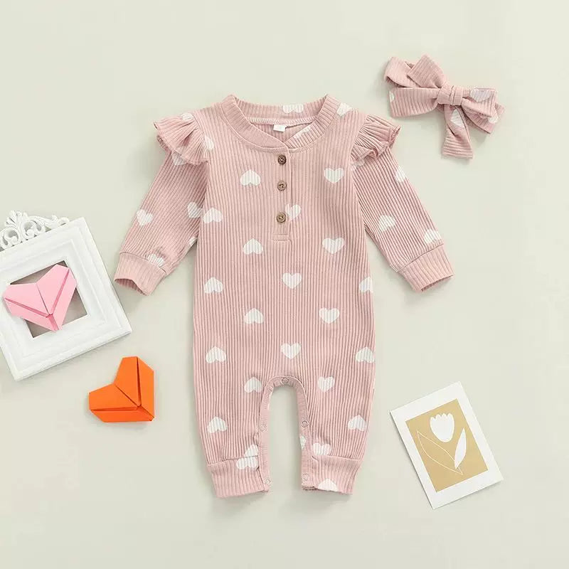 Newborn Girls Valentine's Day Romper Ruffle Ribbed Body