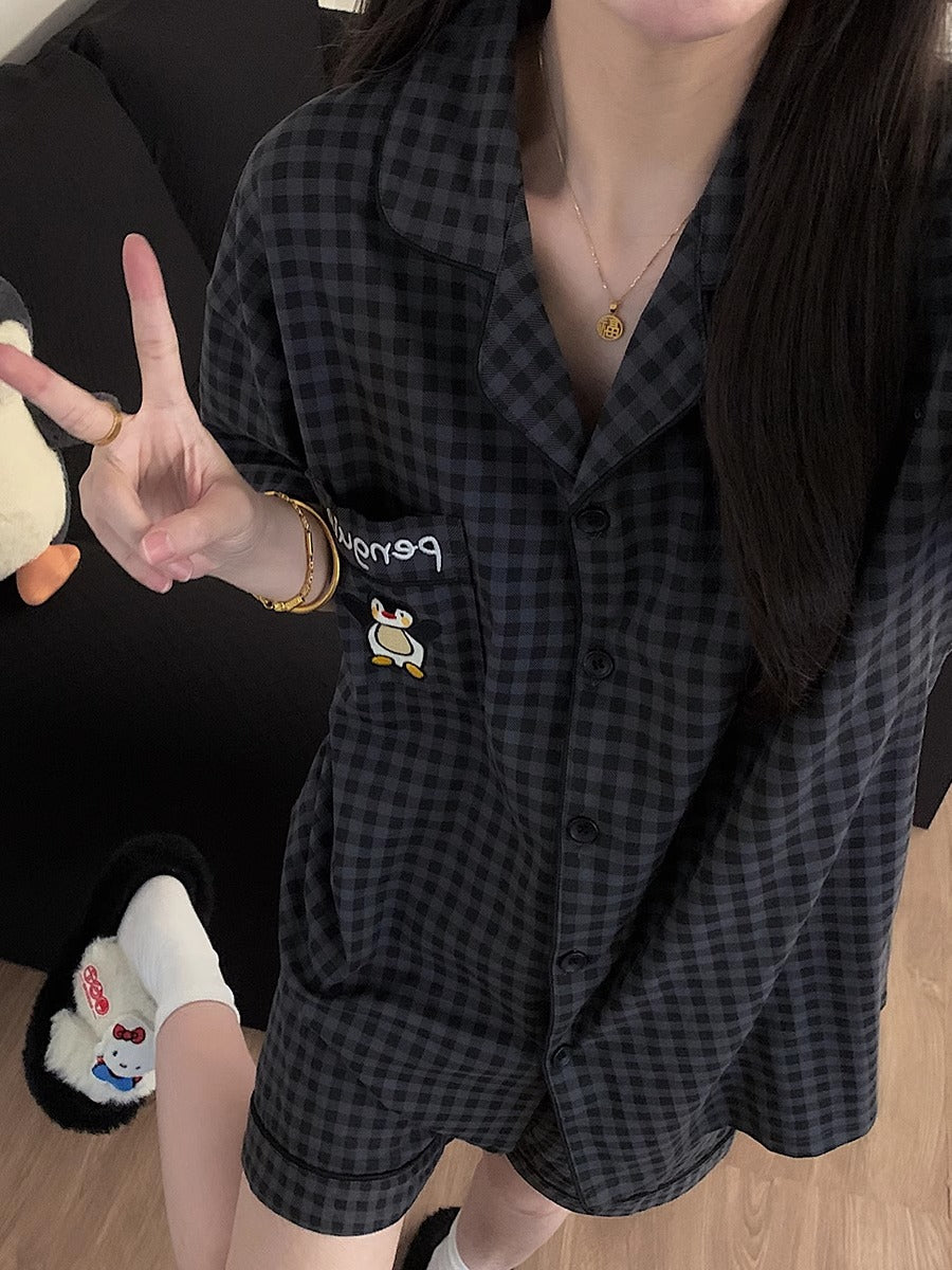 Yayda kişi və qadınlar üçün pijama boz rəngli plaid pinqvin təmiz pambıq qısaqol şort cüt Yapon üslublu pambıq ev geyimi dəsti