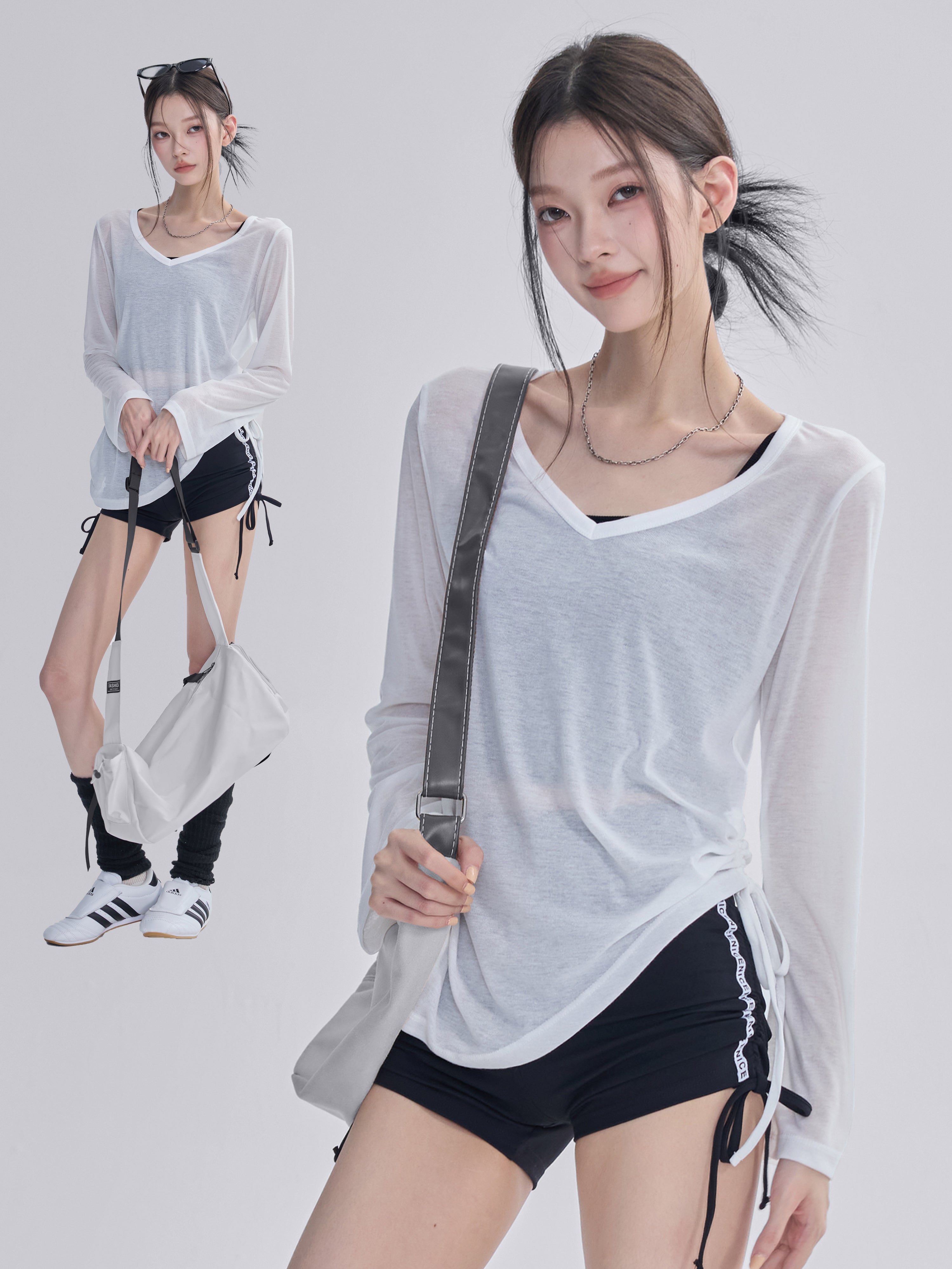 Qadınlar üçün yoqa paltarı bluza, boş arıqlayan uzunqol idman top, yaz və yay fitnes Pilates məşqi ipli nazik köynək