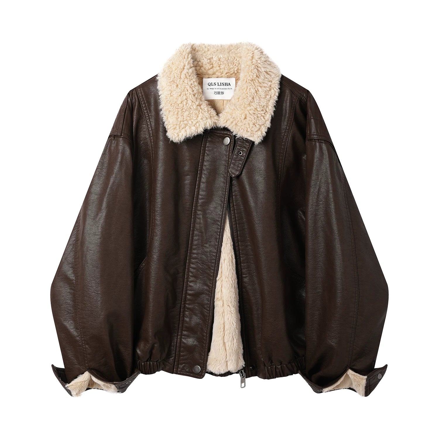 Cholisa Koreya üslubunda Amerika retro Merard qadın üçün yun astarlı palto, qalınlaşdırılmış dəri gödəkçə, qış motosiklet gödəkçəsi.