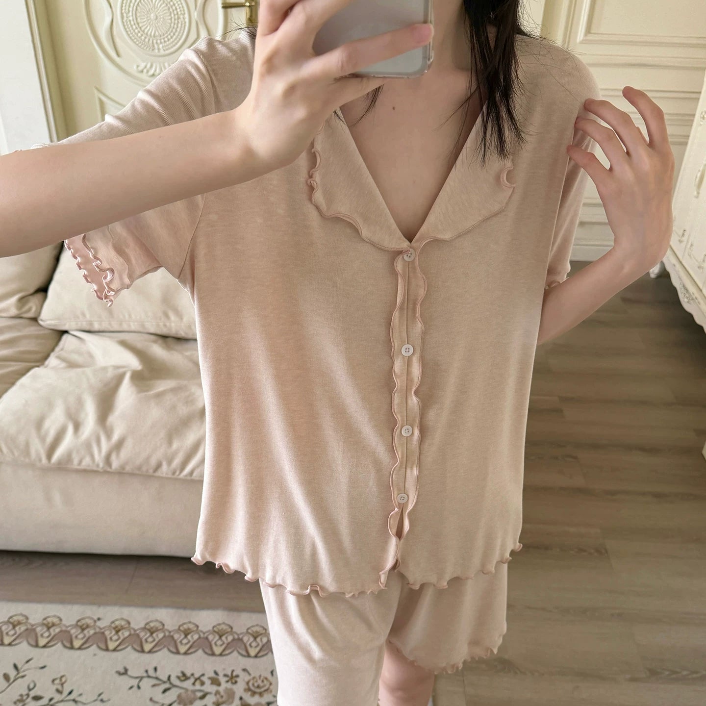 Qadınlar üçün pijama yay modal kiçik yaxa göbələk qısaqol şort nazik boş təsadüfi iki parça ev paltarı