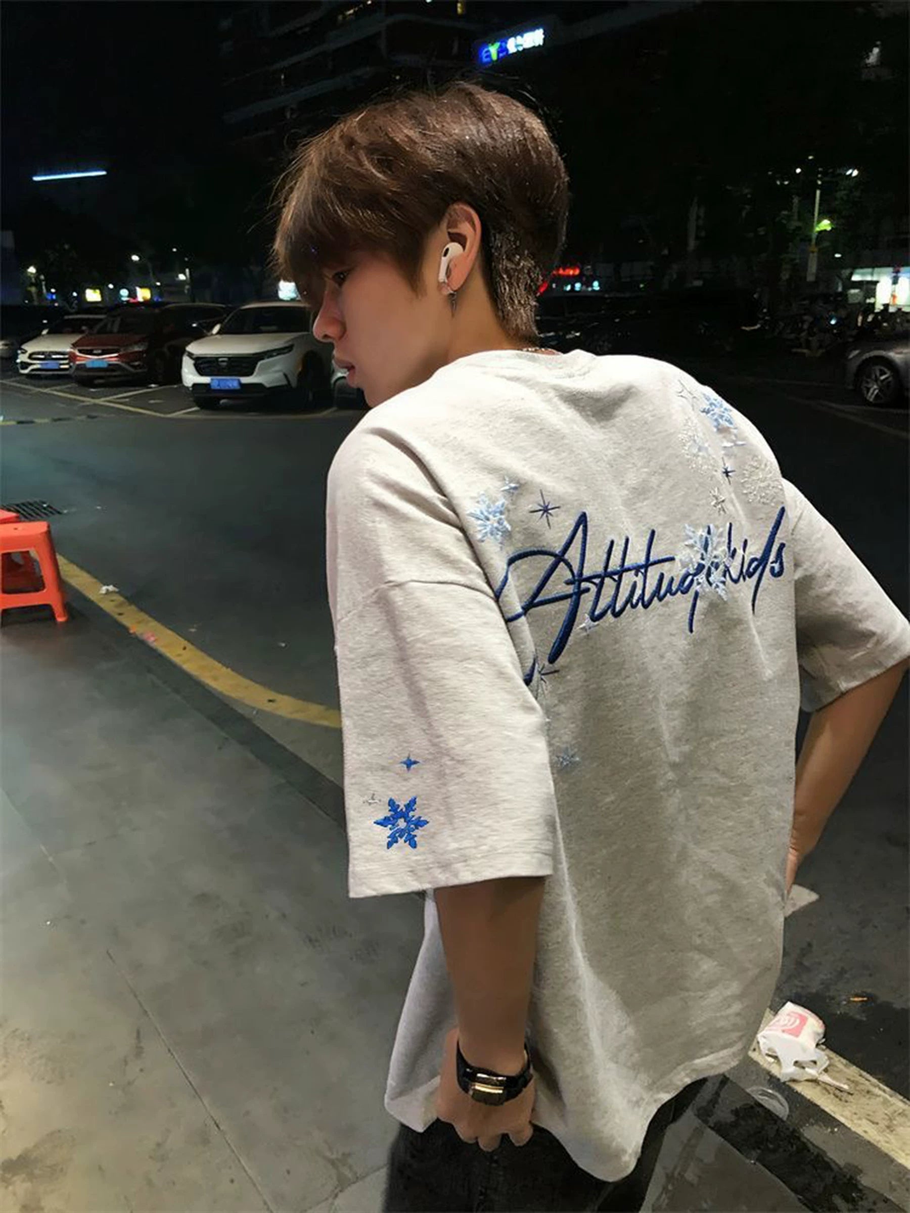 2026 Yeni Ağ Boz Qar dənəciyi Naxışlı Qısaqol T-Shirt Kişi Yay Ağır Cütlük Geyimi Boş Yüksək Top Top