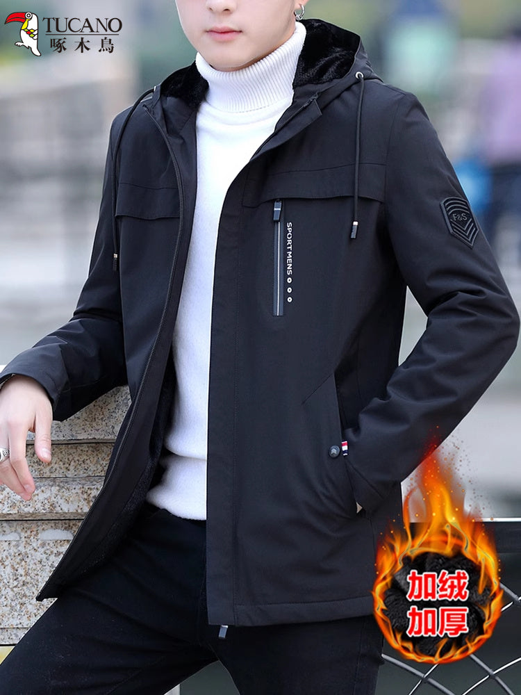 Woodpecker 2025 Payız/Qış Yeni Kişilər üçün Başlıqlı Gündəlik Küləkdən Qoruyucu, Yun astarlı Qalın Üst Geyim