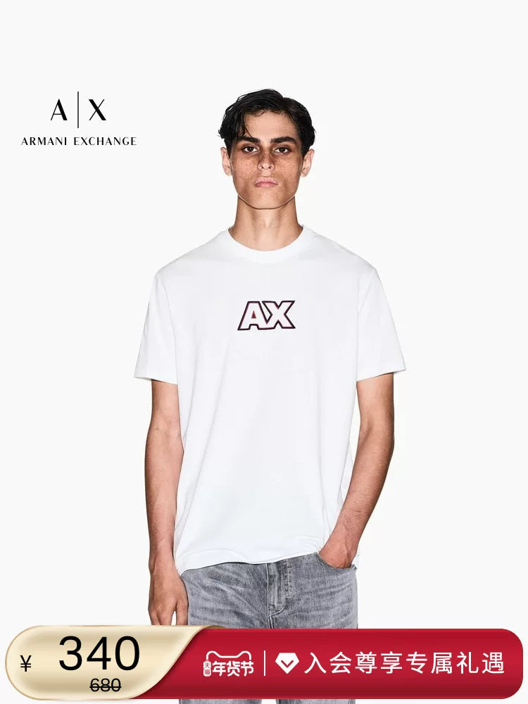 ARMANI EXCHANGE / Armani Qış Yeni Kişilər üçün Təmiz Pambıqdan Yaxalıqlı Qısa Qollu Naxışlı Futbolka Rəsmi