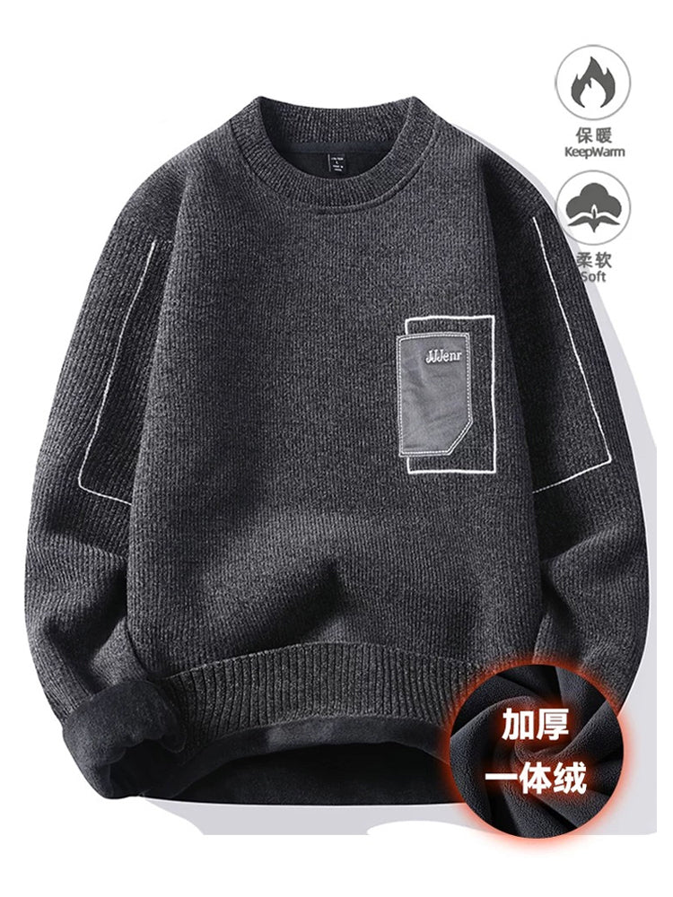 Kişilər üçün bir hissəli yun sviter, yeni payız və qış modası, isti şenil yun astarlı alt paltarı, kişilər üçün dairəvi yaxalı trikotaj geyim.