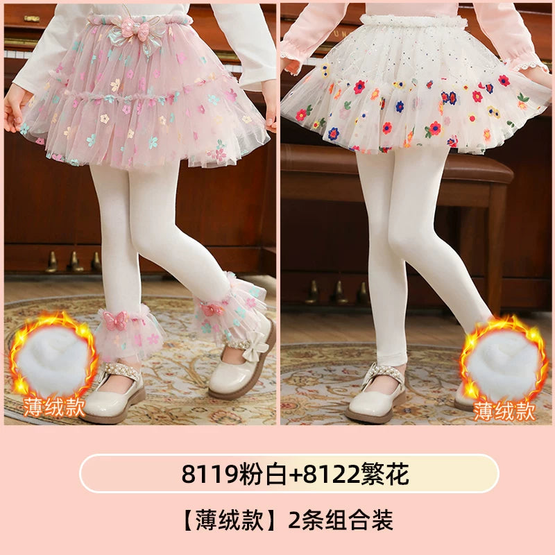 Qızlar üçün bir hissəli ətək şalvarları, 2025-ci ilin yaz və payız mövsümü üçün yeni model uşaq qış geyimləri, flis astarlı, süni iki hissəli leqinslər, ağ, çöldə geyinmək üçün.