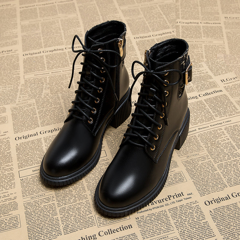 Dəri versiyası ~ Chanel üslubunda qadınlar üçün ayaq biləyi çəkmələri, super populyar hündürdaban qış, incə və şirin, sərin Martin çəkmələri.