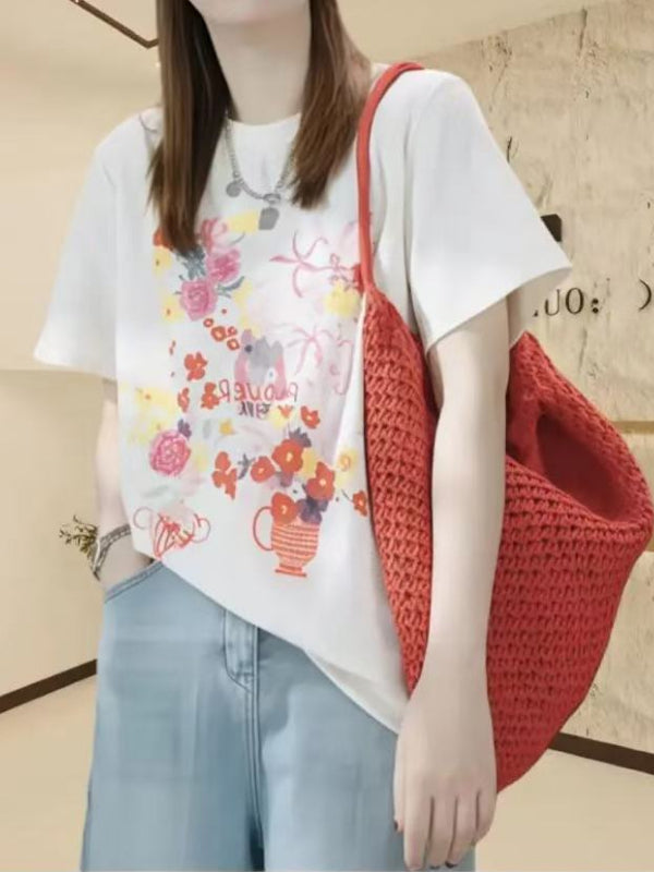 Böyük Ölçülü Qadın Geyimləri 2026 Yay Yeni Stil Dəbli Naxışlı Boş Forma, Düz Çiyinlərlə, Arıqladıcı Saf Pambıq Qısa Qollu Top