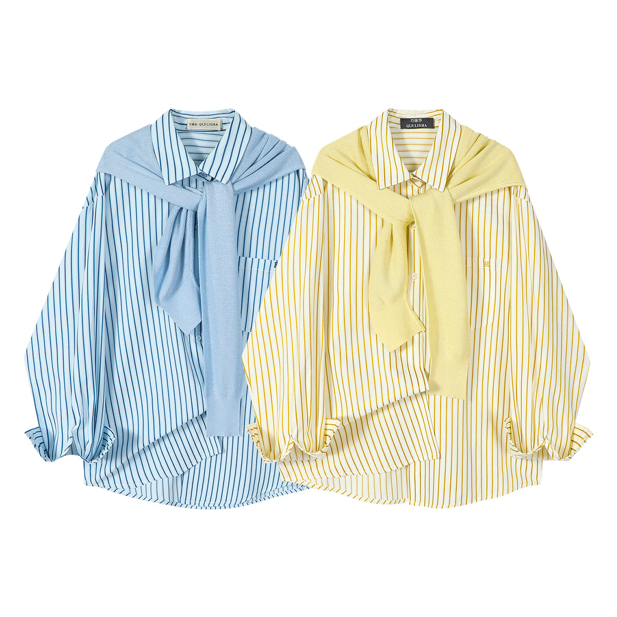 Chorissa Fransız üslubunda gənc və şık uzunqol zolaqlı köynək, yeni yaz və payız üslubunda, çox yönlü və zərif boş top