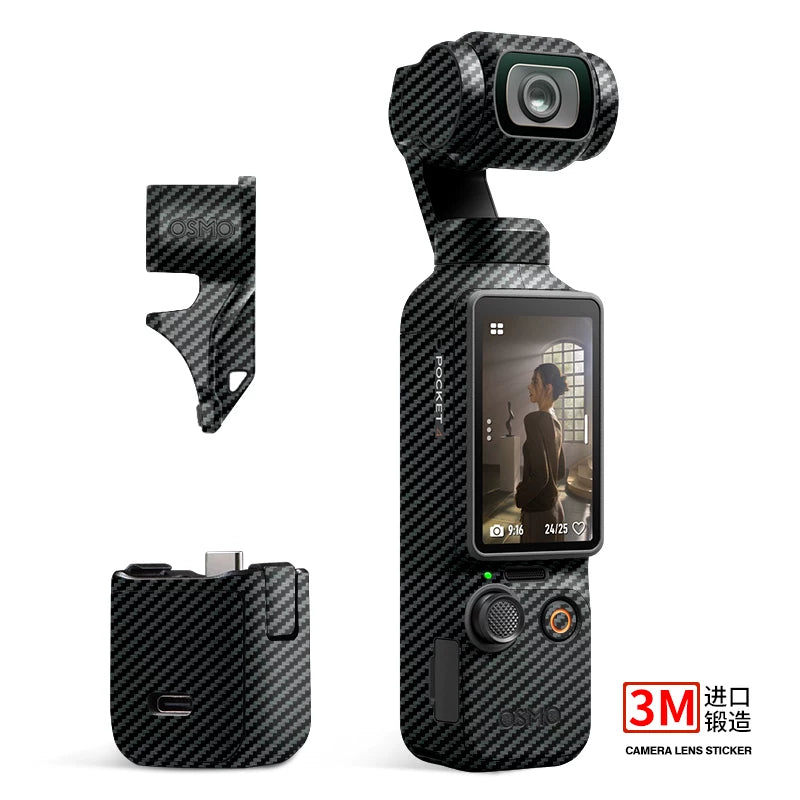 DJI POCKET4/3 stikerləri üçün uyğundur DJIpocket3ar film idman kamerası silikon bazası 3M kamuflyaj qara karbon fiber qara hər şey daxil cib 3 film aksesuarları