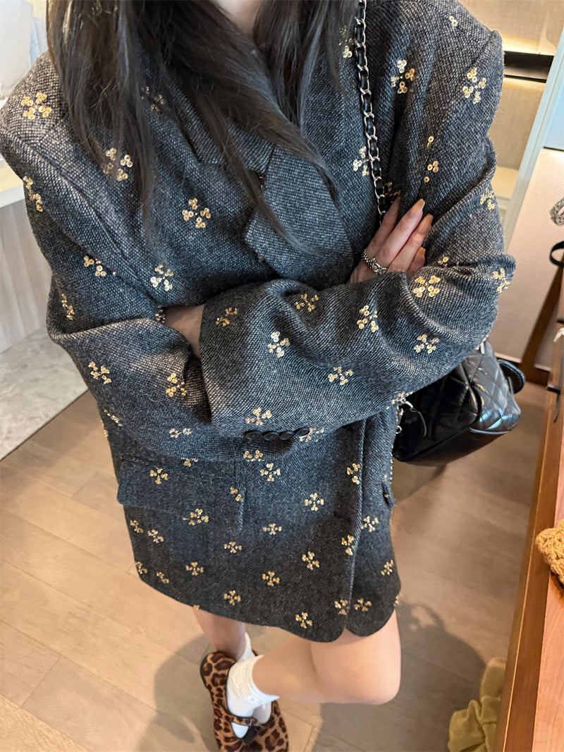 KKSTUDIO Qadınlar üçün Yüksək Səviyyəli Muncuqlu Böyük Ölçülü Yun Blazer, Payız Koreya Üslubunda, Nişli Gündəlik Kostyum